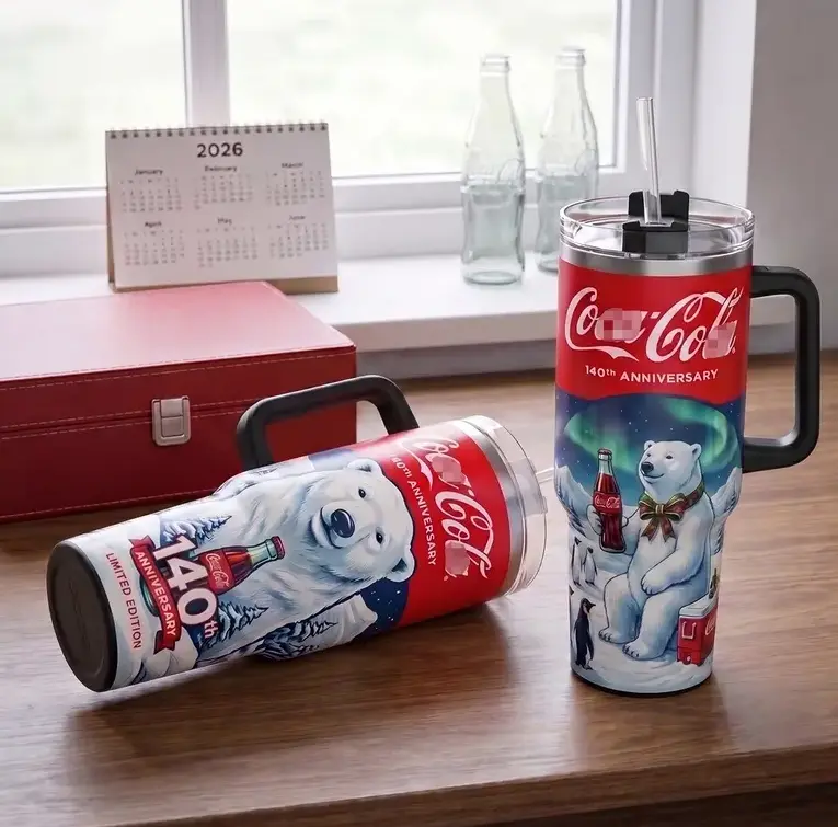 [Gift Box & Straw] 40oz Coke Limited Edition Stainless Steel Tumbler with Handle, Vintage Polar Bear 140th Anniversary Double Wall Vacuum Insulated Travel Mug, Fits Car Cup Holder, Christmas Holiday Gift