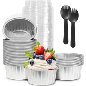 50Pcs 5oz Mini Aluminum Foil Baking Cups with Lids Disposable Mini Cake Pans Loaf Pans Ramekins Tin Containers for Cupcake Pudding Muffin Cheesecake Silvery
