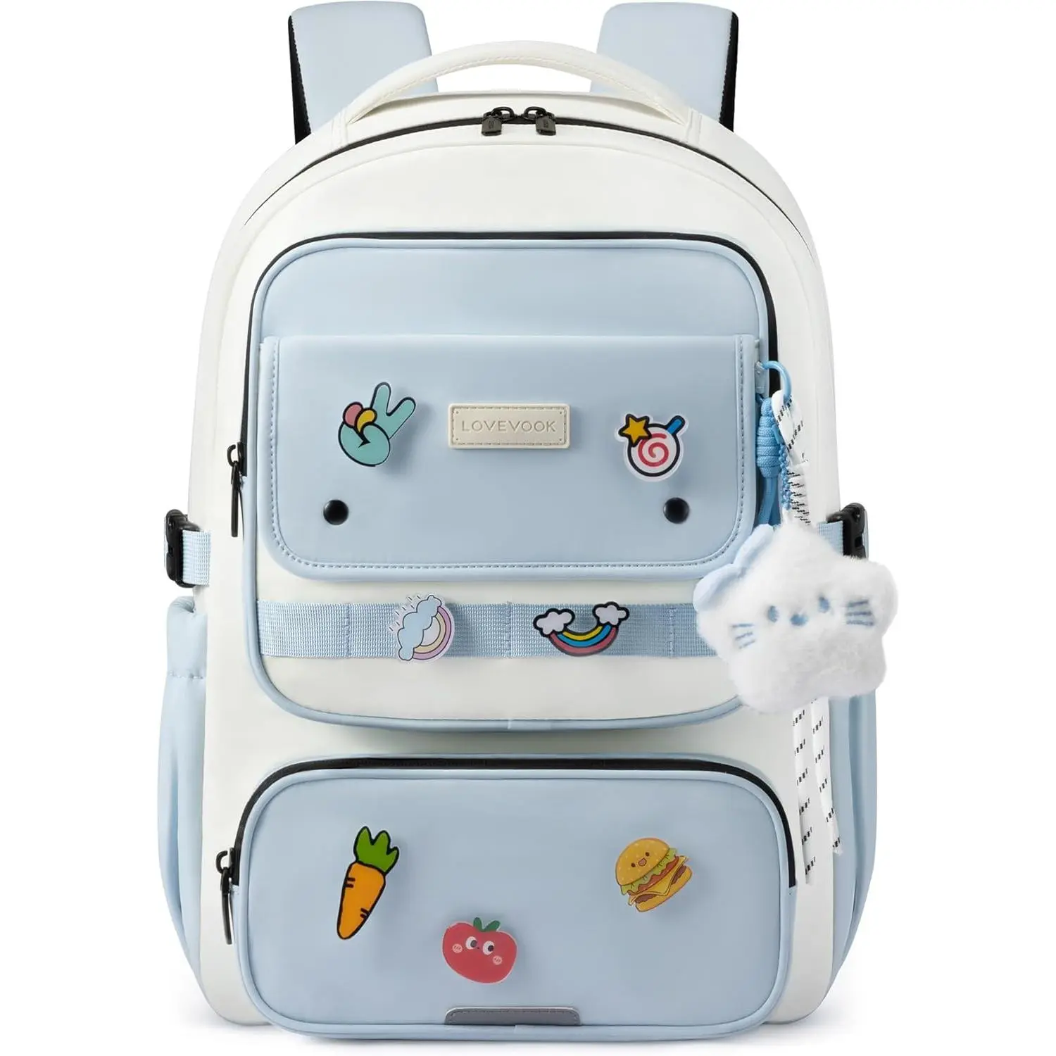 LOVEVOOK School Backpack for Teen Girl, Cute Bookbag with Large Bottle Holder, Lightweight Elementary Middle High School Student Backpack Fits 15.6 Inch Laptop, Back to Schools Kid Gift, Blue-Cream