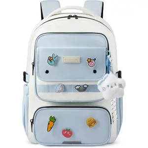 LOVEVOOK School Backpack for Teen Girl, Cute Bookbag with Large Bottle Holder, Lightweight Elementary Middle High School Student Backpack Fits 15.6 Inch Laptop, Back to Schools Kid Gift, Blue-Cream