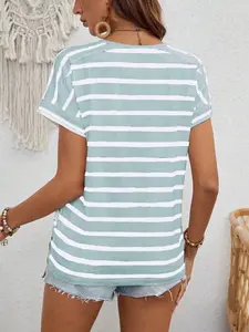 Women's Striped Knitted Round Neck Batwing Short-Sleeve T-Shirt - Loose-Fitting, Medium-Stretch Clothes for Casual Day Wear, Women's Tshirt
