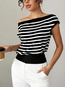 Women's Fashionable Asymmetrical Shoulder Striped Hem Knit T-Shirt, Summer Spring Inner Layer, Casual Style, Comfortable Fit, Casual Stylish Tee
