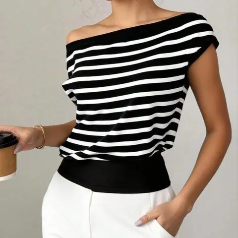 Women's Fashionable Asymmetrical Shoulder Striped Hem Knit T-Shirt, Summer Spring Inner Layer, Casual Style, Comfortable Fit, Casual Stylish Tee