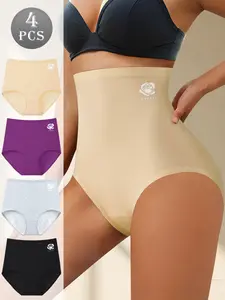 QUASTI 4pcs High Waist Ultra-Elasticity Briefs for Women, Cotton Lightweight Durable Seamless Tummy Control Briefs, Soft& Comfortable Womenswear Briefs Set