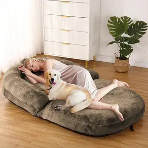 GARVEE Portable Human Size Dog Bed for Adults - Foldable, Washable Faux Fur Cover, Non-Slip Bottom, Ideal for Napping, Available in Brown, Light Grey, and Dark Grey, Dimensions 71"x43"x10".