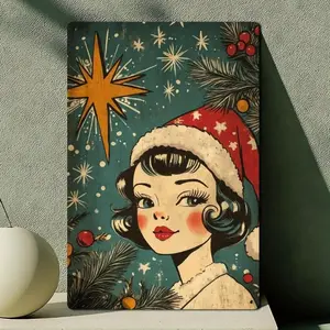 1pc Hand-Painted Vintage 1950s Mid-Century Modern Metal Wall Art - Retro 1950s Christmas  Sign with Woman & Holly, Turquoise & Red Mid-Century Decor, 12x8 Inch Durable Metal Holiday Decoration for Home, Bar, for Man Cave - Easy to Hang