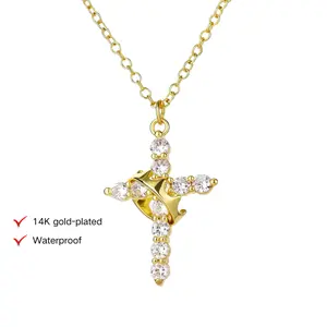 Women's Upgraded Non-Tarnish Gold Long Crown Cross Pendant Necklace - Stainless Steel with Metal Coating, Christian Costume Jewelry, Elegant Daily Accessory, Easter Religious Gift (Bri and Gemelo Design)