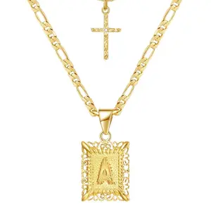 Meraki Golden Layered Initial Cross Necklace, Golden Square Letter Pendant, Figaro Chain Cross Choker, A-Z Capital Jewelry for Women and Girls