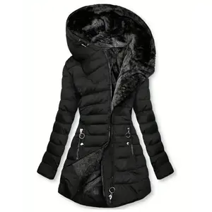 Women's Zippered Hooded Long Sleeve Pocket Faux Fur Lined Down Jacket for Winter Casual Wear