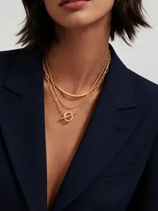 3pcsWomen Layered T-Bar Toggle Necklace, Adjustable Paperclip Cuban Rope Chain Choker