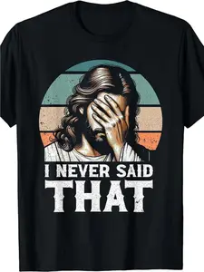 Funny Jesus Facepalm Men's T-Shirt 180g Pure Cotton Casual "I Never Said That" Graphic Tee Sarcastic Retro Sunset Print Top S-5XL