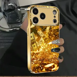 Full Screen Falling Dollar Bill Pattern Phone Case, Electroplated Glass Phone Case, Compatible with iPhone 17/16/15/14/13/12/11