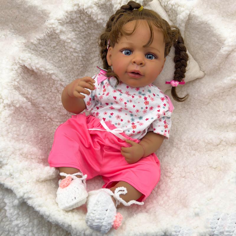 Reborn Baby Doll 23inch Newborn Toddler Dolls African American Soft Silicone Vinyl Dolls Realistic Toddler Child Toy for Kids Age 3+ dark brown baby  doll girl