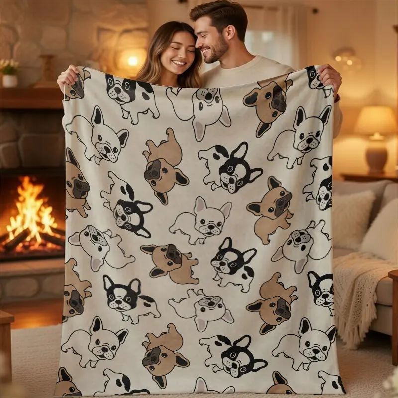 French Bulldog Pattern Flannel Blanket - Animal Character, Cartoon Design, Buttery Soft, Adorable Style Throw for Bed/Couch, Dog Mom Gift, Kawaii Puppy Room Decor, Animal Character Blankets, Cartoon Design Blankets