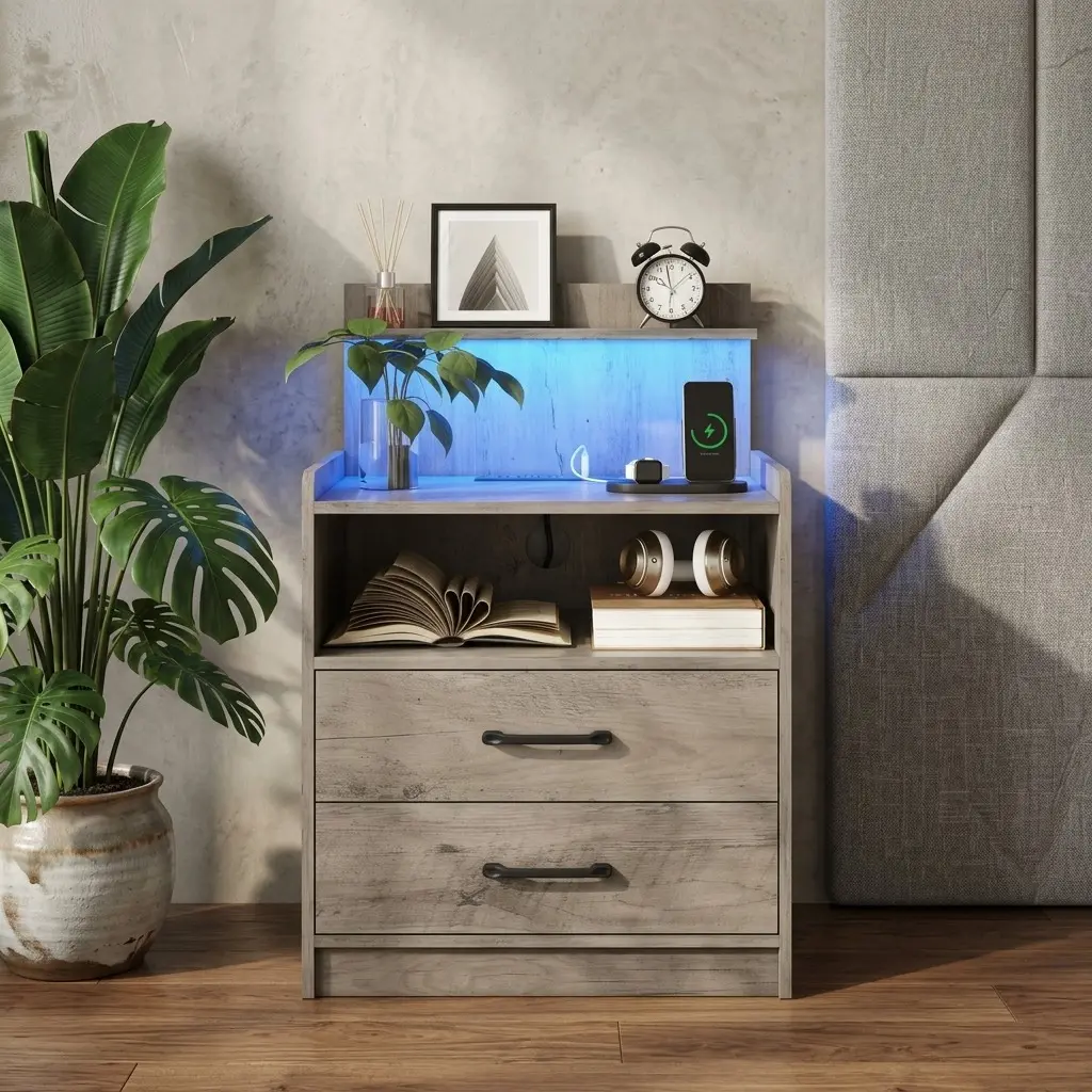 Modern LED Nightstand With Charging Station 2 Drawers Open Storage Bedside Table USB Power Outlet Multifunctional End Side Table for Bedroom Home