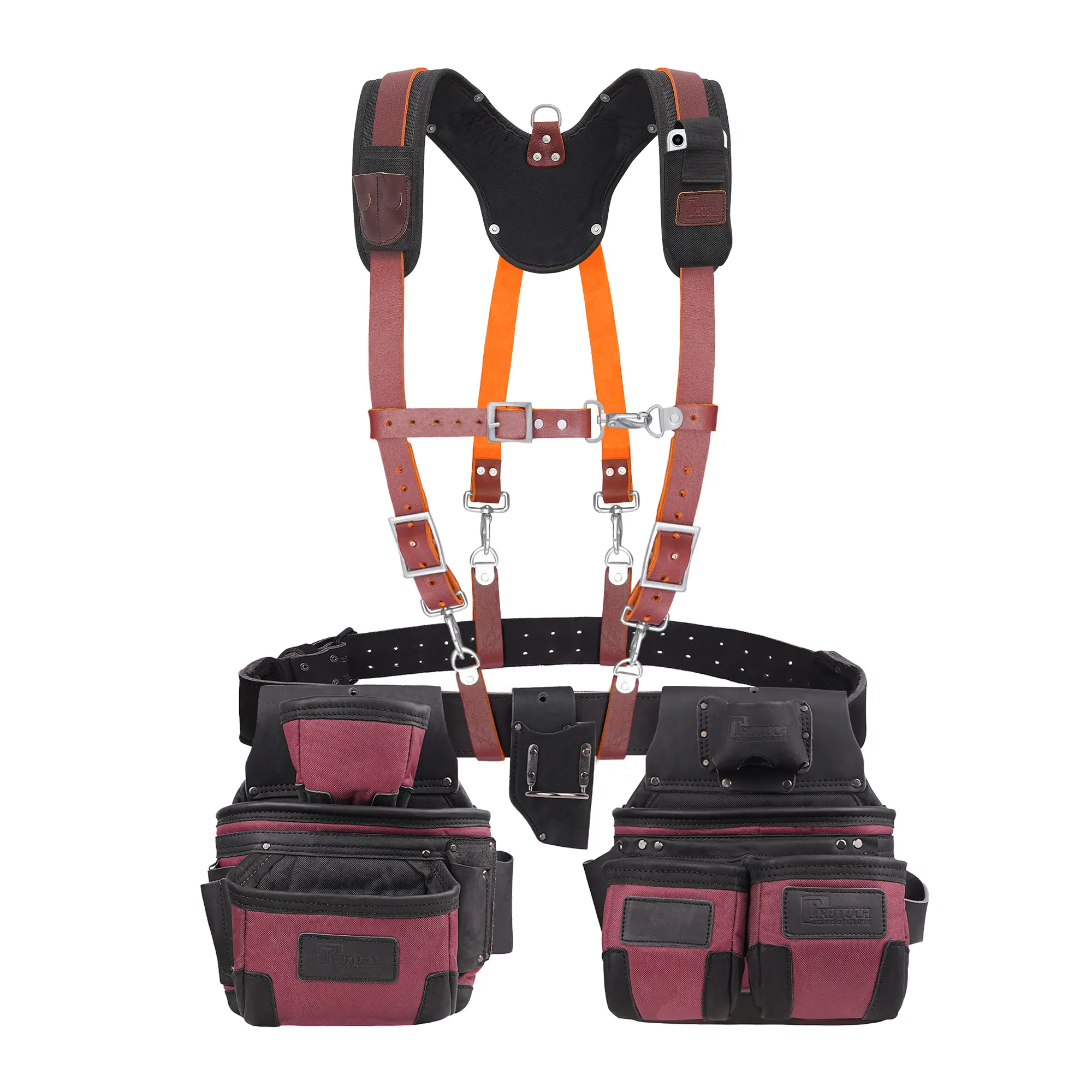 TRUTUCH Maroon Nylon & Leather Tool Belt with Suspender, 22 Pockets, Tool Holders, Padded Suspension for Construction and Electricians