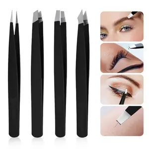 4-Piece Stainless Steel Eyebrow Tweezers Set, Multi-Functional Beauty Tools for Home Use, Precision Hair Removal & Gentle Trimming