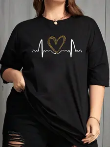 Plus Size Heart & Heartbeat Print Drop Shoulder Tee, Fashion Round Neck Half Sleeve T-shirt for Daily Outdoor Wear, Women Plus Clothing for Summer