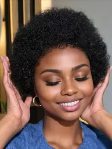 Human Hair Wig Women's Short Curly Wave Afro Kinky Curly Hair Wig , Y2K Style Daily Casual Party Halloween Wig , 150% Density , 6 Inch Full Machine  Made Wig