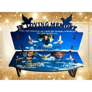 Custom In Loving Memory Bench Personalized Memorial with Photo and Text Design Blue Sky Theme
