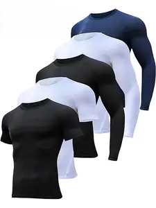 Men's 5-Piece Compression Sportswear Set - Slim Fit Short & Long Sleeve T-Shirts in Black White Navy for High-Intensity Training
