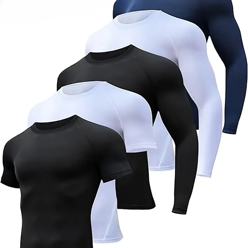 Men's 5-Piece Compression Sportswear Set - Athletic Clothes, Workout Athletic Wear, Soft Stretchy Stretch Fabric Sporty Sports Clothing Sets, Slim-Fit Short-Long Sleeve Shirts, Black/White/Navy for High-Intensity Training,outdoorfun