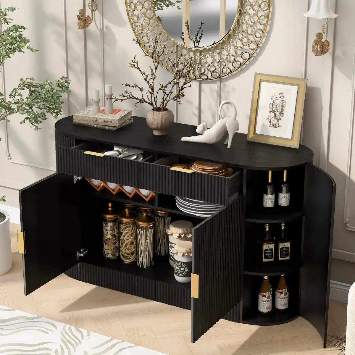 55.1" Modern Storage Cabinet with 2 Doors & 2 Drawers, Stripe MDF Sideboard with Aluminum Handles, Curved Side Door & 3-Tier Shelves, Buffet Cabinet for Living Room, Bedroom, Dining Room