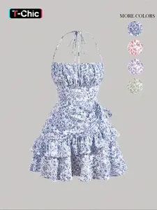 Women's Ditsy Floral Print Ruffle Trim Front and Back Tie Cami Dress, Boho Backless Tiered Halter-Neck Short Dress for Beach Holidays, Ladies Summer Clothes