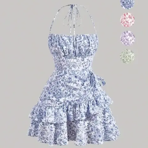 Women's Ditsy Floral Print Ruffle Trim Front and Back Tie Cami Dress, Bohemian Boho Backless Tiered Halter-Neck Short Dress for Beach Holidays, Ladies Summer Clothes, Boho Style Floral