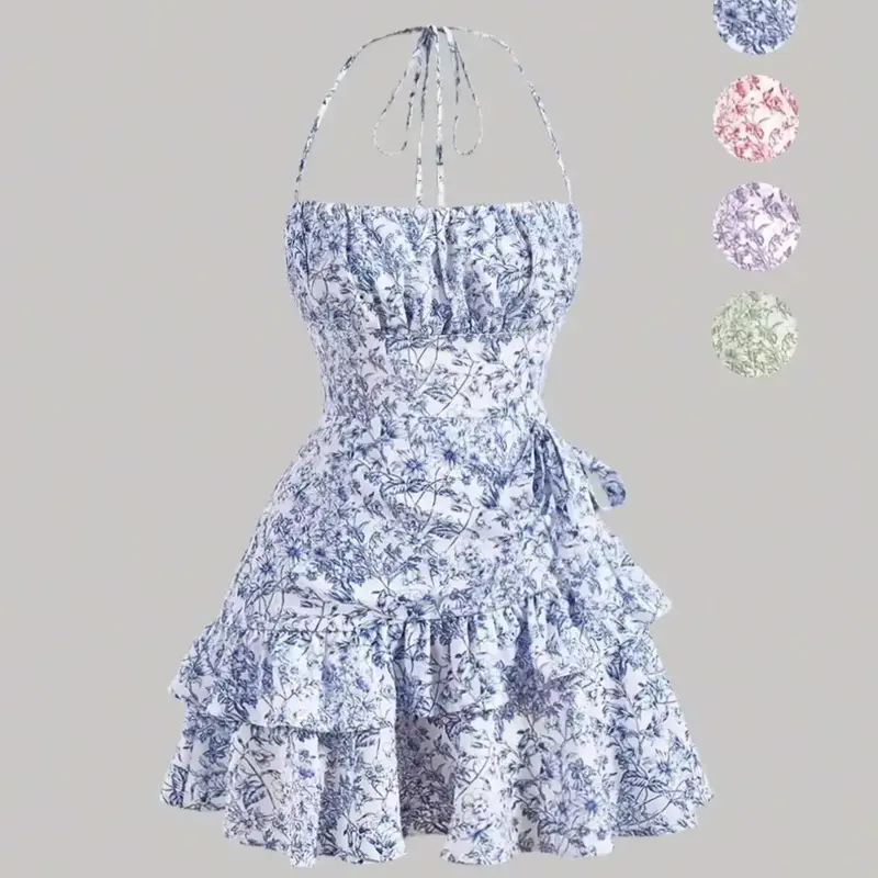 Women's Ditsy Floral Print Ruffle Trim Front and Back Tie Cami Dress, Bohemian Boho Backless Tiered Halter-Neck Short Dress for Beach Holidays, Ladies Summer Clothes, Boho Style Floral