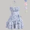 Women's Ditsy Floral Print Ruffle Trim Front and Back Tie Cami Dress, Bohemian Boho Backless Tiered Halter-Neck Short Dress for Beach Holidays, Ladies Summer Clothes, Boho Style Floral