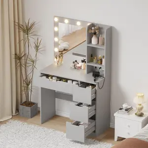 Vanity Desk with Mirror & Power Outlet, 3 Lighting Colors Vanity Desk with 4 Drawers & 12 Bulbs, Modern Dressing Table for Bedroom (Gray), girl