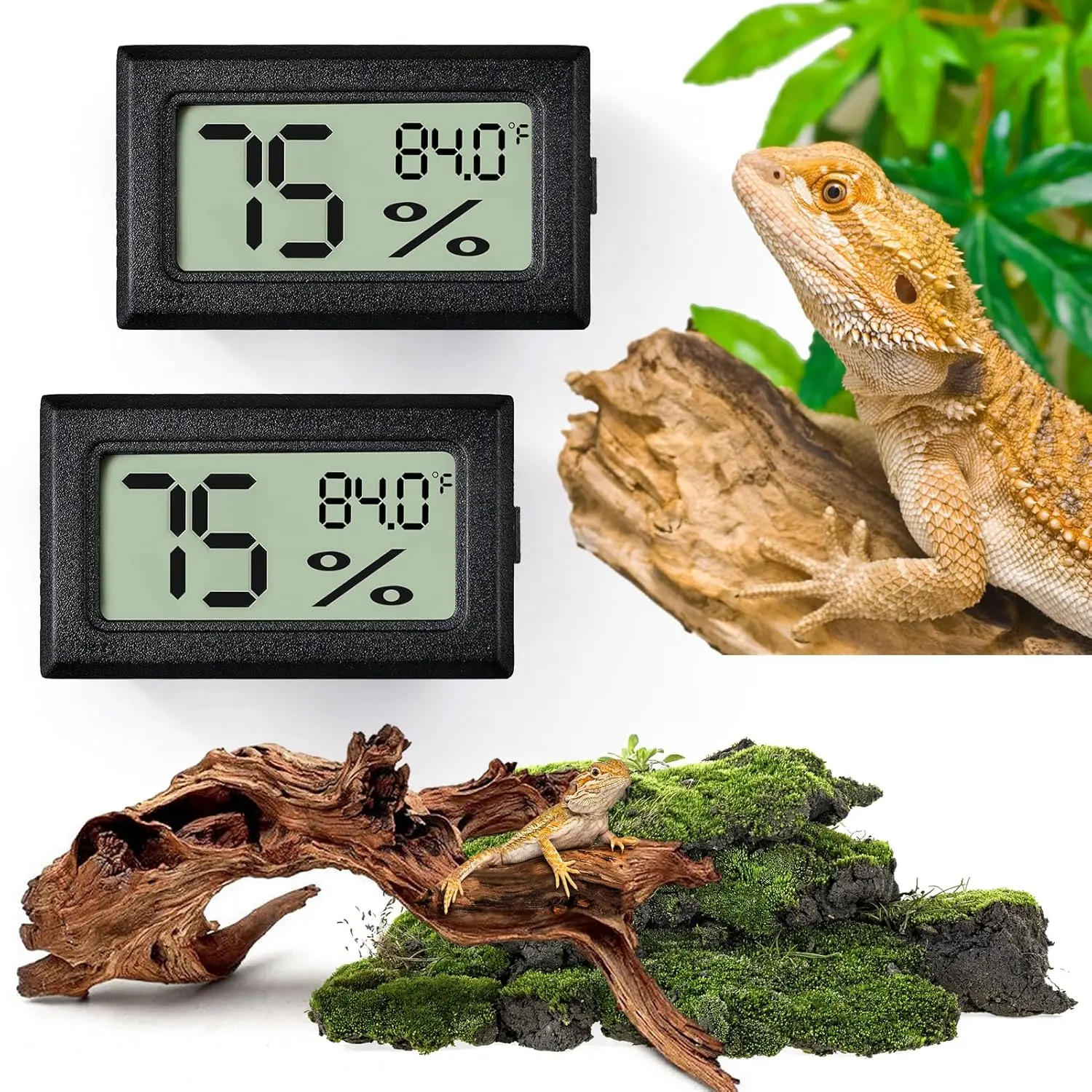 2-Pack Black Cordless Digital Reptile Thermometer-Humidity Gauge, Cordless Mount, LED Display, 0.9°F Accuracy, Adhesive Backing, Comprehensive Monitoring, Terrarium Hygrometers for Bearded Dragons