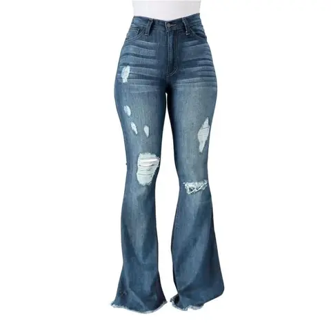 Mid Waist Ripped Flared Jeans Wide Leg Bootcut Bell Bottom Denim Pants Trouser Lady GP3002D Womenswear Maxi Streetwear Zipper Fitted
