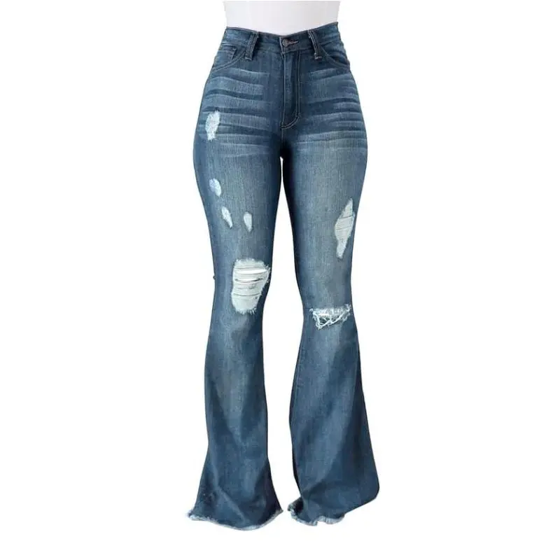 Mid Waist Ripped Flared Jeans Wide Leg Bootcut Bell Bottom Denim Pants Trouser Lady GP3002D Womenswear Maxi Streetwear Zipper Fitted