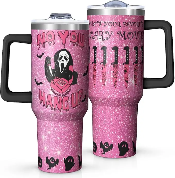 40oz Ghostface Tumbler with Handle and Straw，Pink Glitter Insulated Mug, Halloween Gifts for Horror Movie Lovers - Tumbler 40oz, Gift for Christmas, Gift for New Year, Best Gift