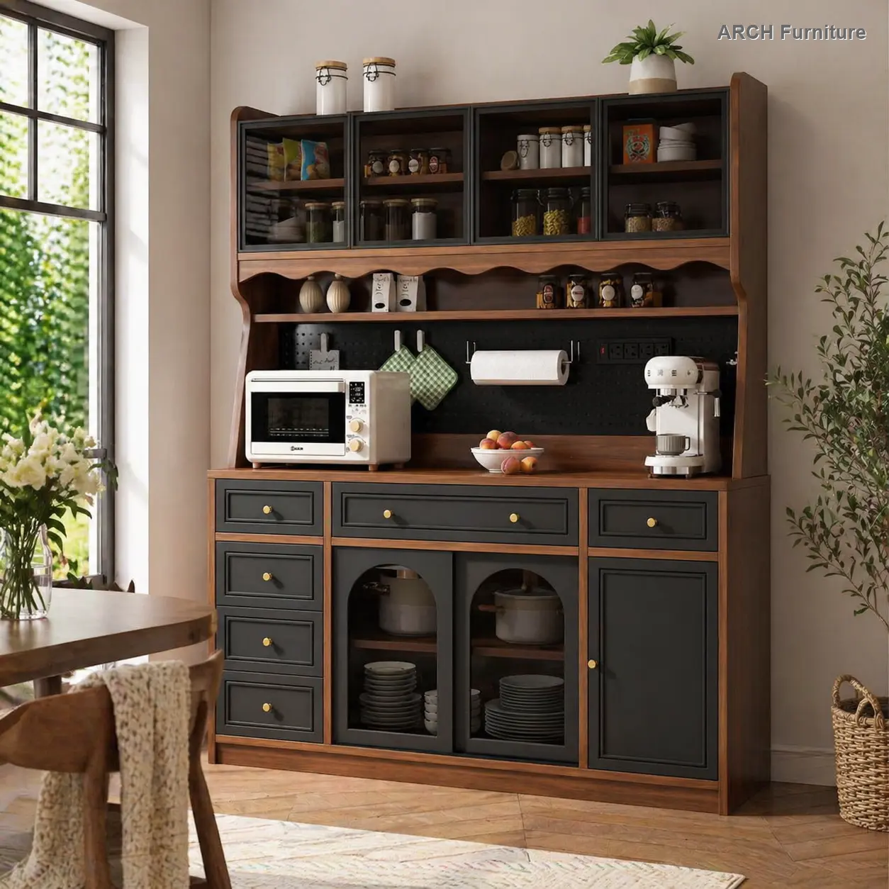 ARCH Freestanding 63-Inch Wide Buffet Storage Cabinet with Hutch, Large Coffee Bar Cabinet with 6 Drawers, 4 Cabinets with Adjustable Shelves, Pegboard, and Built-In Power Outlet for Kitchen, Dining Room, or Home Bar Organization and Storage