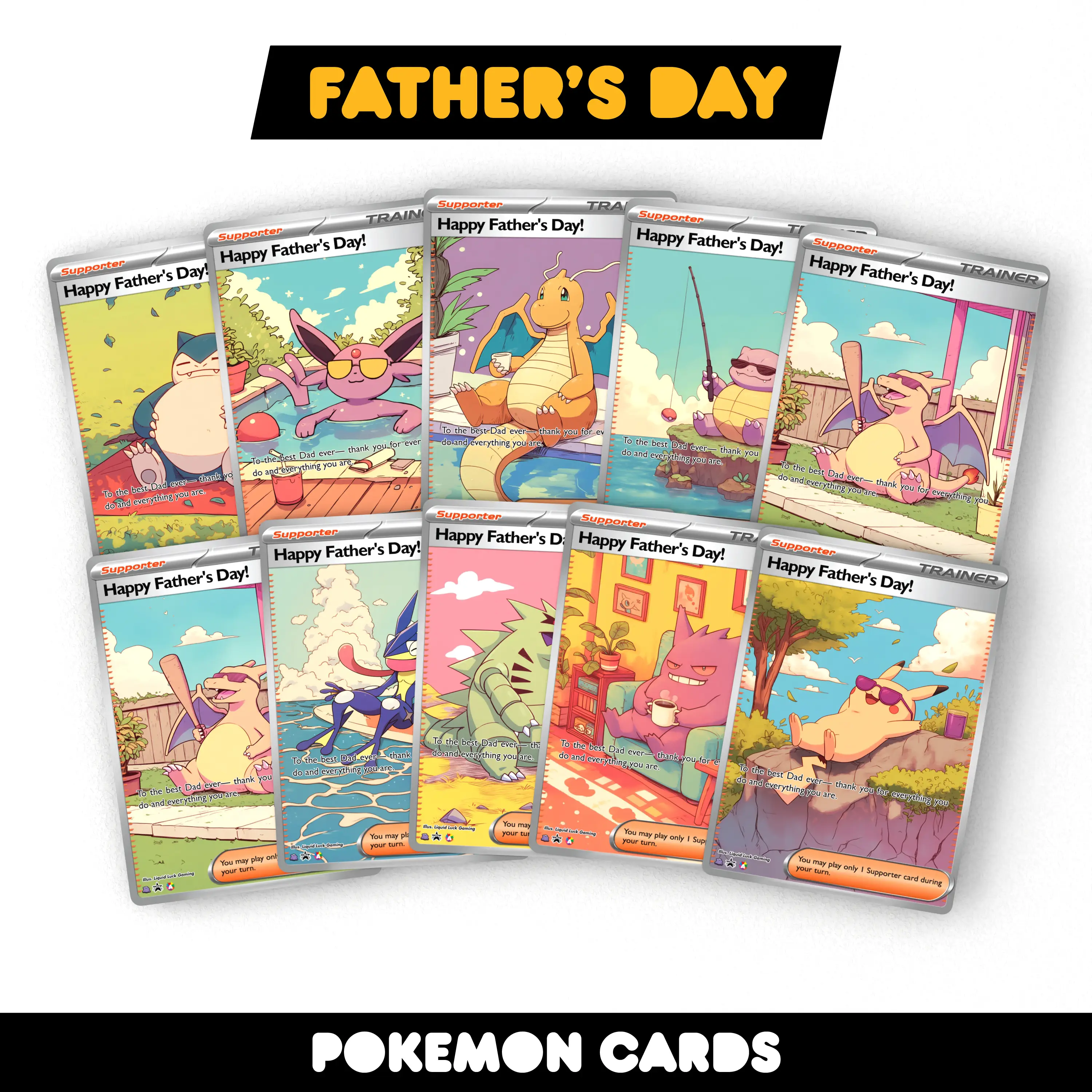 Pokemon Father's Day Card - Choose from 9 Inclusive Styles - Custom Fan-Art Designs - Cute and Adorable Father's Day Gift for Fans Envelope Postcard