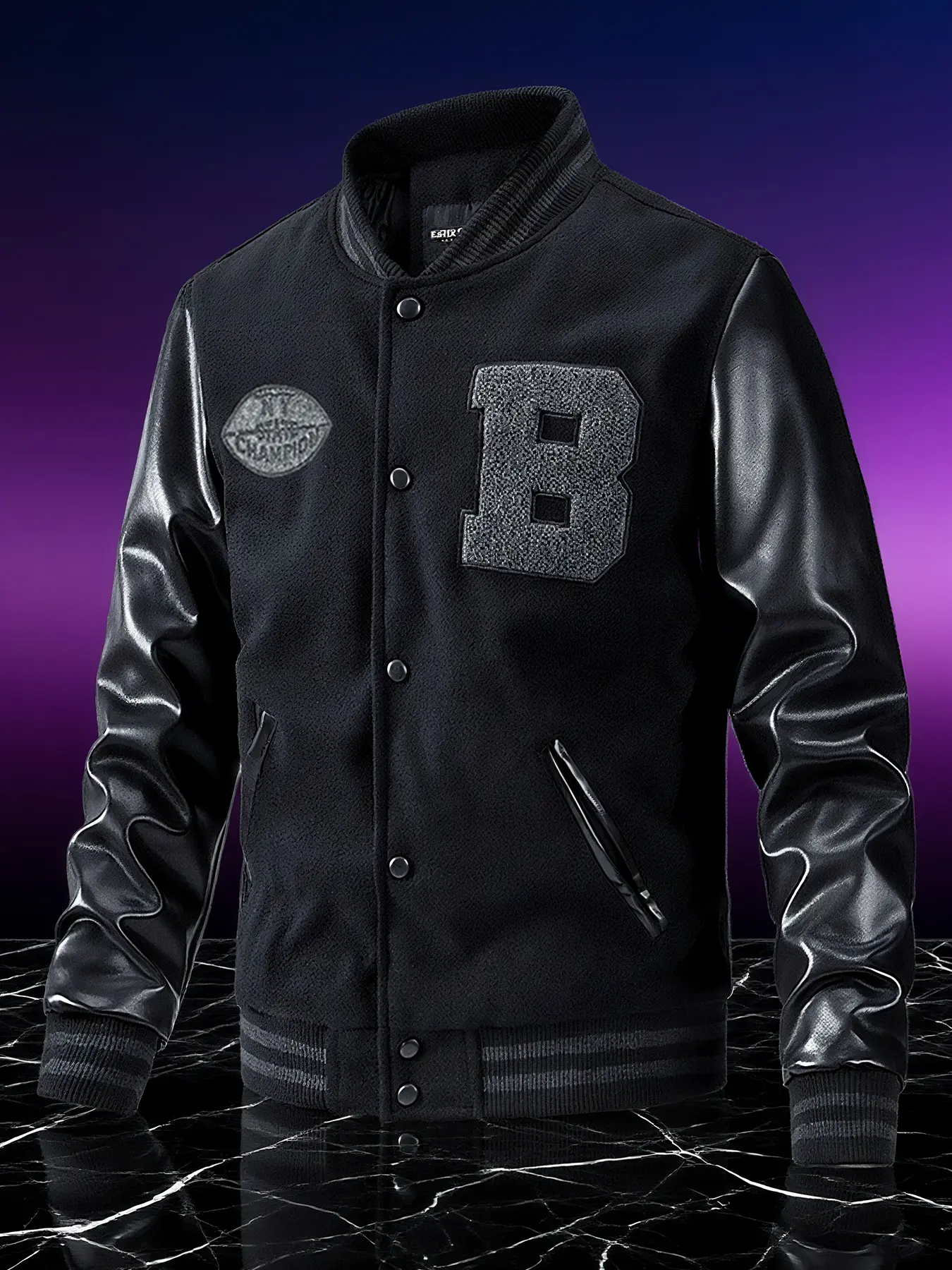 Men's Baseball Jacket with PU Leather Sleeves & Embroidered Badge, Button Front Design, Side Pockets, Perfect for Daily Wear & Trendy Events, Coats