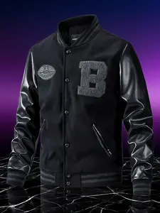 Men's Baseball Jacket with PU Leather Sleeves & Embroidered Badge, Button Front Design, Side Pockets, Perfect for Daily Wear & Trendy Events, Coats