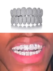 2PCS/SET Hip Hop 18K Golden Silvery Plated Full Cubic Zircon 8 Top And Bottom Grillz Teeth Grillz For Men And Women Gift Jewelry