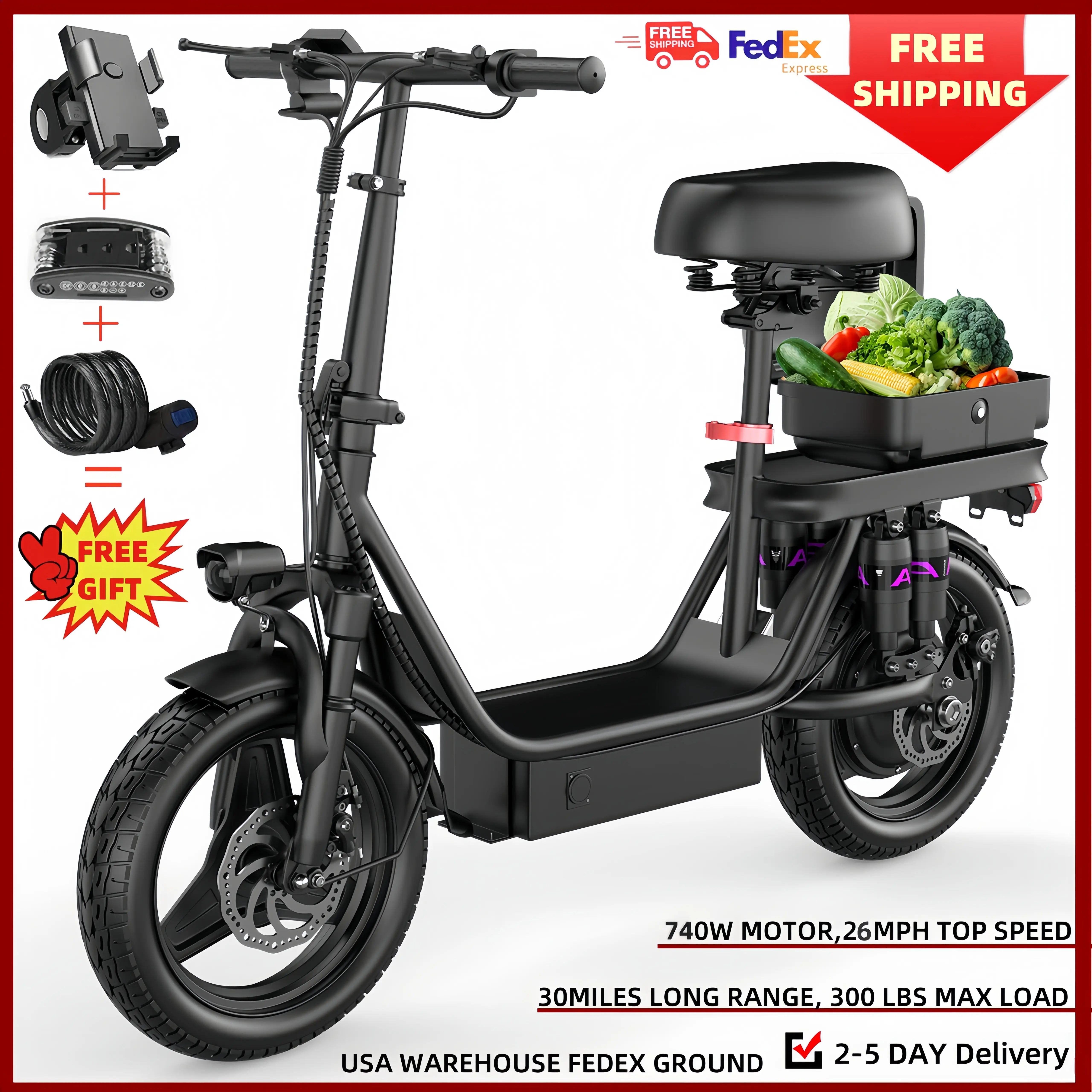 Electric Scooter with Seat, 500W Motor Power (740W Peak), Speed 20 Miles, Range 20-40 Miles,14inch Comfortable Pneumatic Tires, Adults Electric Scooter with Large Storage Basket for Pets Dogs and Items