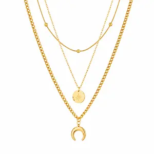 Women’s three-layer gold moon necklace, crescent pendant necklace, star round disc stackable necklace, Bohemian-style unique jewelry gift