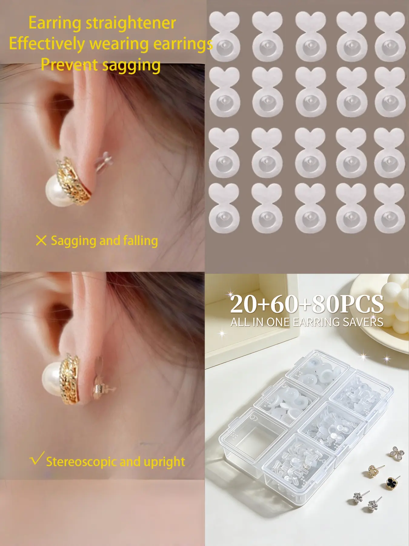 160pcs Silicone Ear Plugs Accessories, Transparent Gift Box, Portable Travel Case, Invisible Support Pad for Earrings, Jewelry Lifter, Earring Straightener, Earring Back, Earring Backings