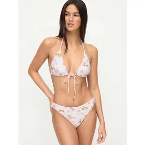 Cider Cat Graphic Halter Neckline Floral Triangle Bikini Set