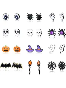 Halloween Earrings Set for Girls & Women, 12 Pairs Spooky Jewelry, Pumpkin Spider Bat Ghost Designs, Durable Stainless Steel