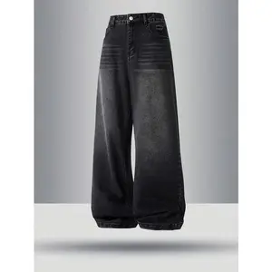 Men’s casual wide-leg jeans, loose fit, mid-rise waist, regular length, zip closure, comfortable for all seasons, everyday wear