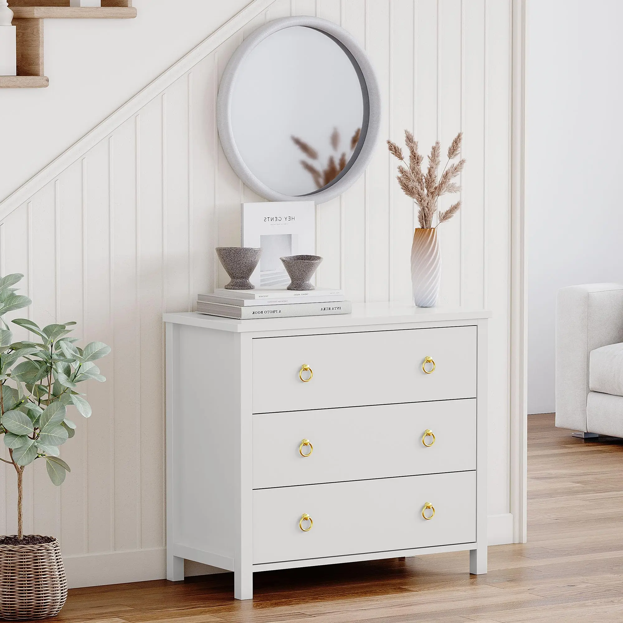 White 31.5in Wide Minimalist MDF Wood Rectangular 3-Drawer Dresser - Single Unit Tall Freestanding Storage Cabinet, Clothes Organizer for Bedroom & Living Room, Chest