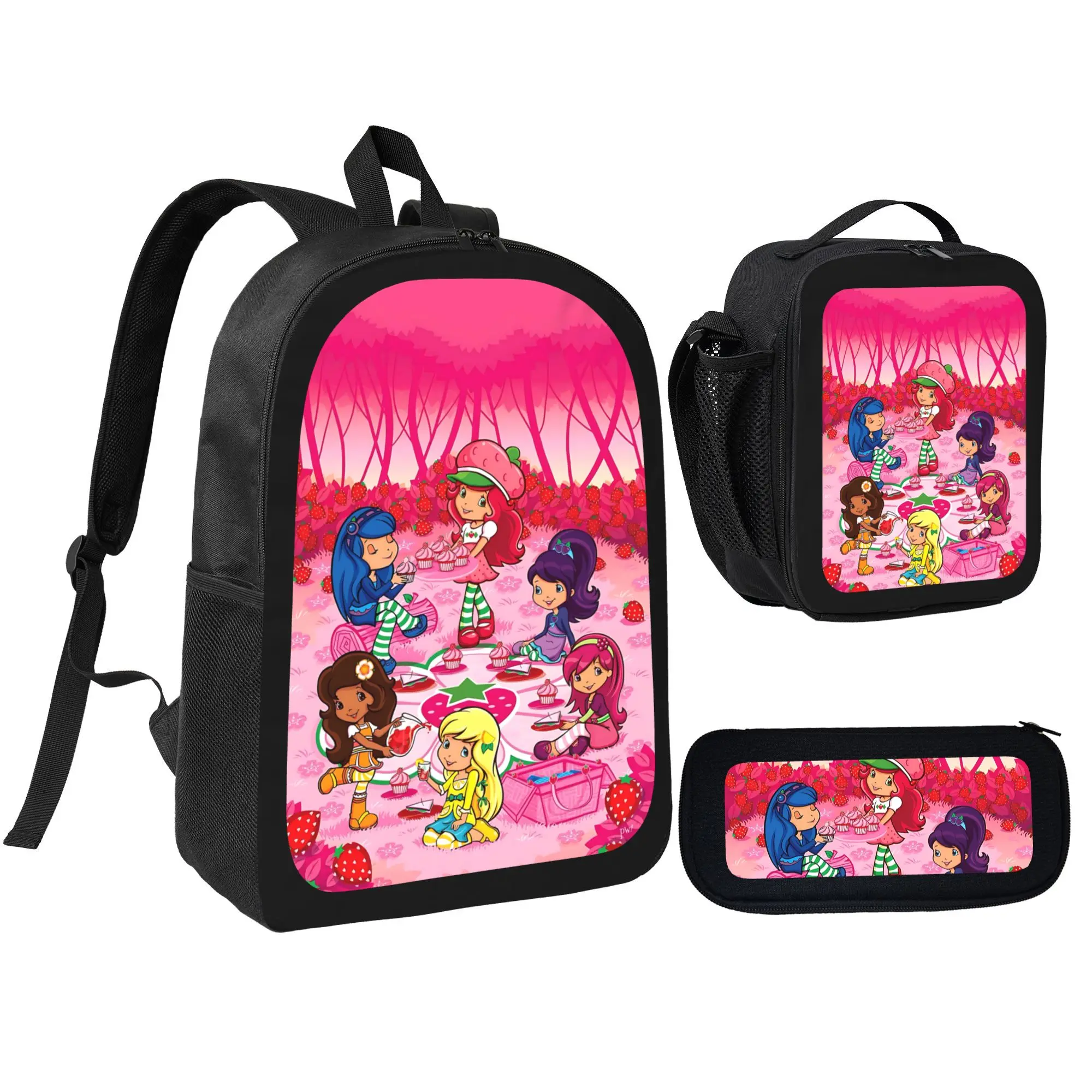 Strawberry Cartoon Character 3pcs Girls' Backpack Set - Lightweight Polyester Bookbag, Matching Pencil Bag, Insulated Lunchbox for Little Girls