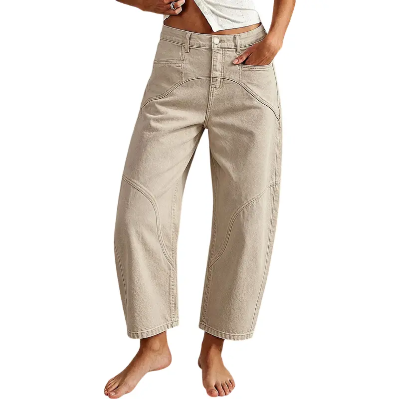 Flamingals Solid Stitch Detail Mid Rise Barrel Leg Crop Pants Womenswear Stretchy 25.2" Inseam